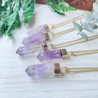 Purple Amethyst 6-Sided Point Pendant Necklace with Gold Chain
