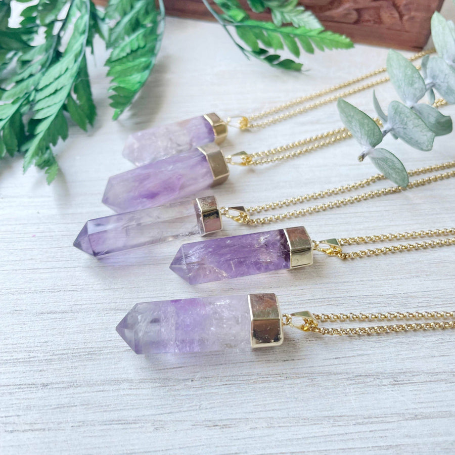Purple Amethyst 6-Sided Point Pendant Necklace with Gold Chain