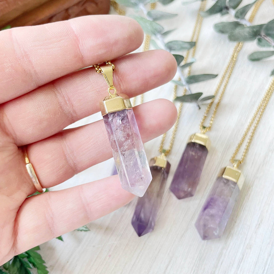 Amethyst 6-sided point 18’’ gold necklace #LV9388