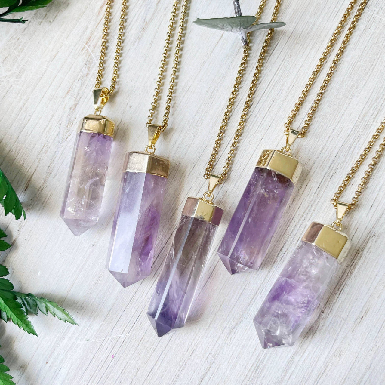 Five Amethyst 6-Sided Point Purple Crystal Pendant Necklaces with Gold-Toned Chains