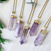 Five Amethyst 6-Sided Point Purple Crystal Pendant Necklaces with Gold-Toned Chains