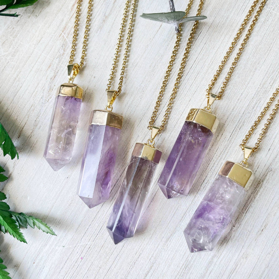 Five Amethyst 6-Sided Point Purple Crystal Pendant Necklaces with Gold-Toned Chains