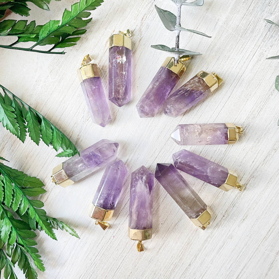Amethyst 6-sided point 18’’ necklace with gold-toned caps #LV9388