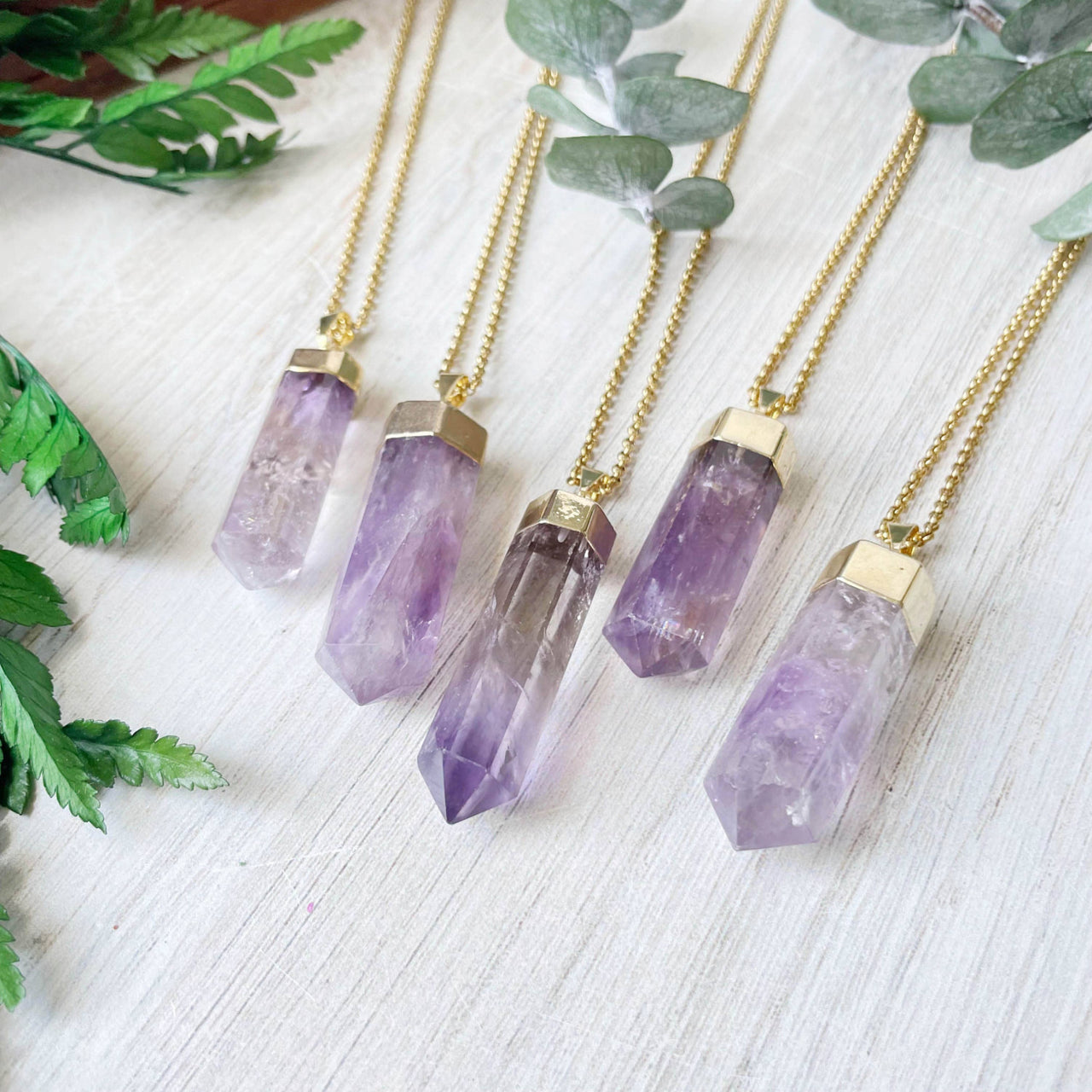 Purple Amethyst Crystal Pendant Necklace with Gold Hex Caps #LV9388