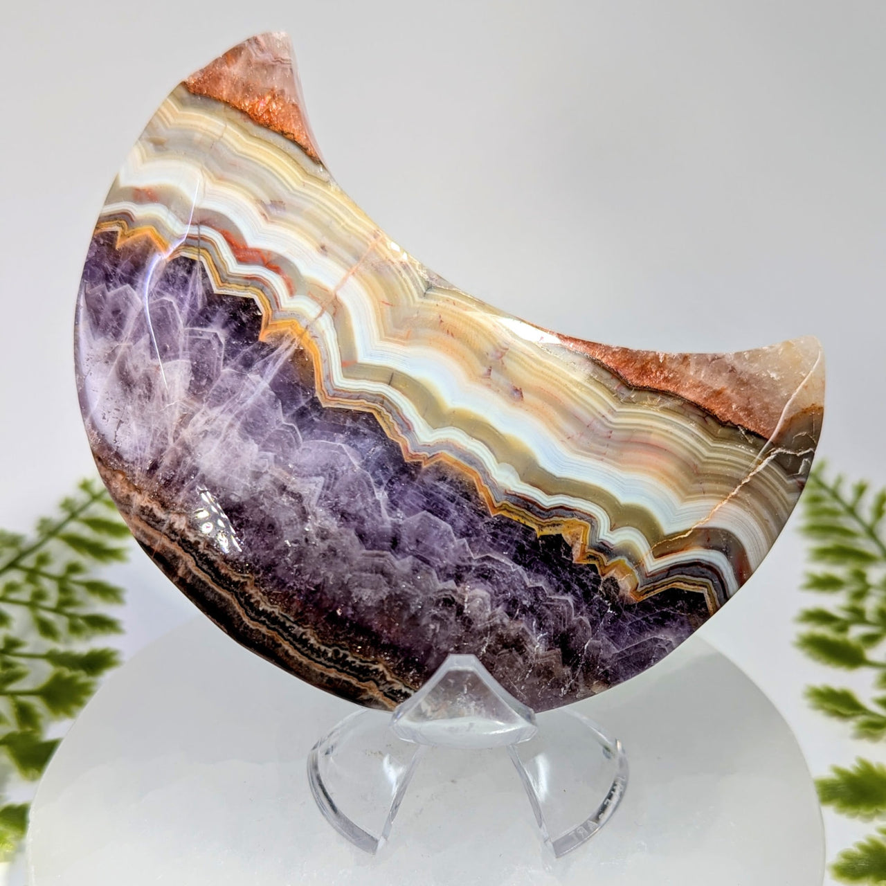 Polished 4.25-inch amethyst agate moon carving #BC1000 with purple bands