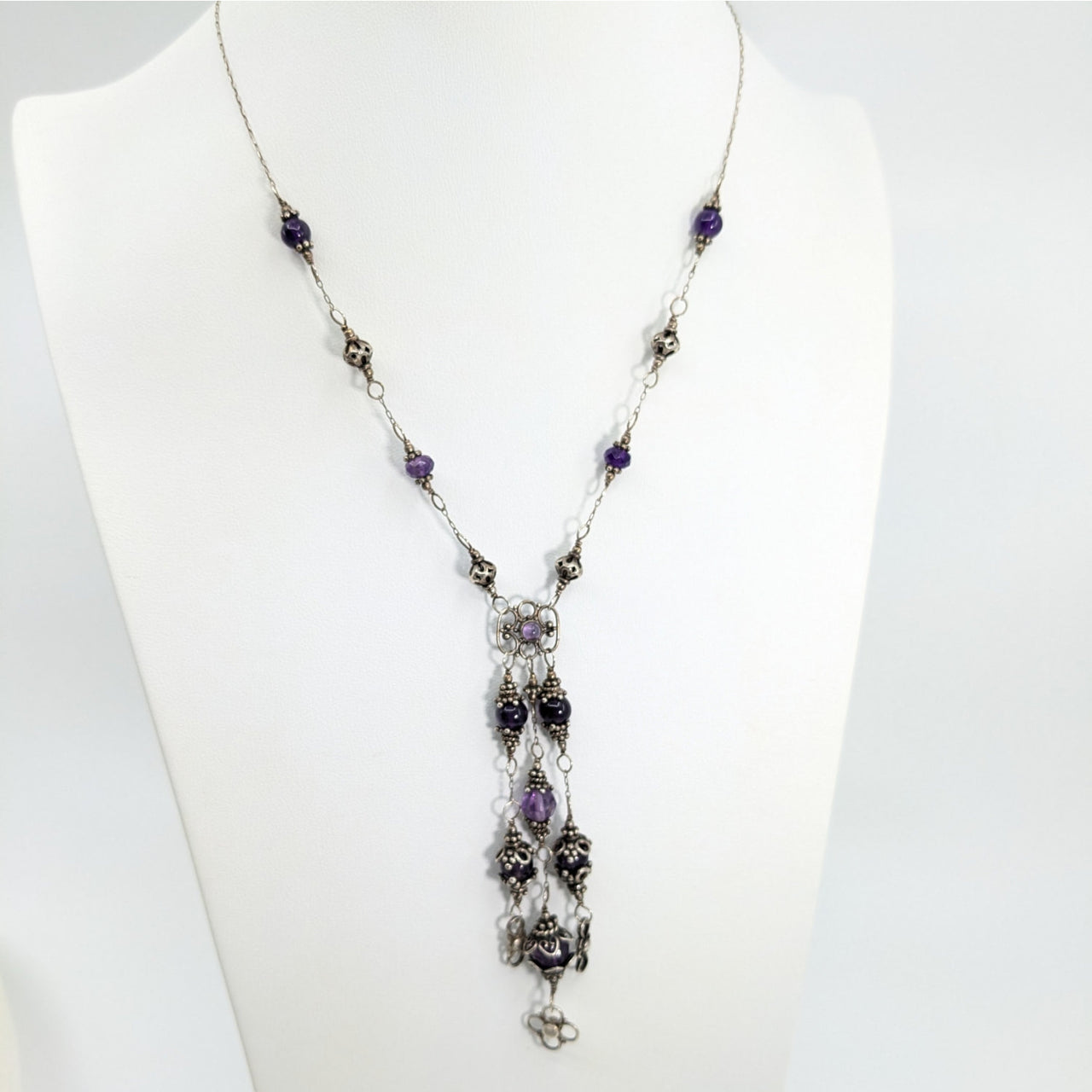 Delicate silver Amethyst Beaded 18’’ Dainty Necklace with purple crystals and ornate pendant