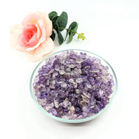 Thumbnail for Amethyst crystals bowl and rose displayed in Amethyst Brazilian Gravel Mini Chips 28g Parcel