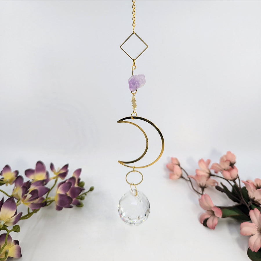 Hanging crystal suncatcher with moon and amethyst for vibrant light decoration