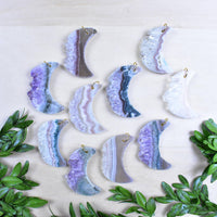 Amethyst Crescent Moon Druzy Slice Necklace in Purple Blue White Hues