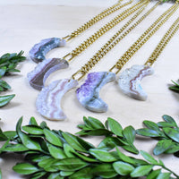 Elegant Amethyst Crescent Moon Druzy Necklace in Purples and Blues