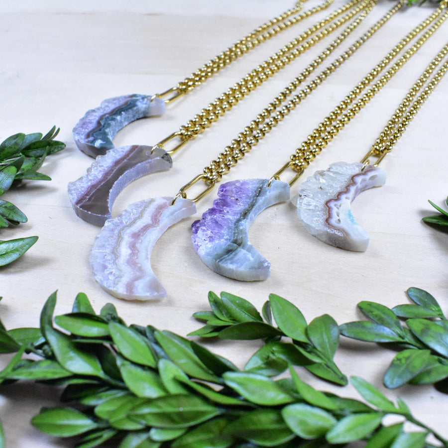 Elegant Amethyst Crescent Moon Druzy Necklace in Purples and Blues
