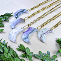Five elegant lavender agate crescent moon pendants on 18’’ gold necklaces