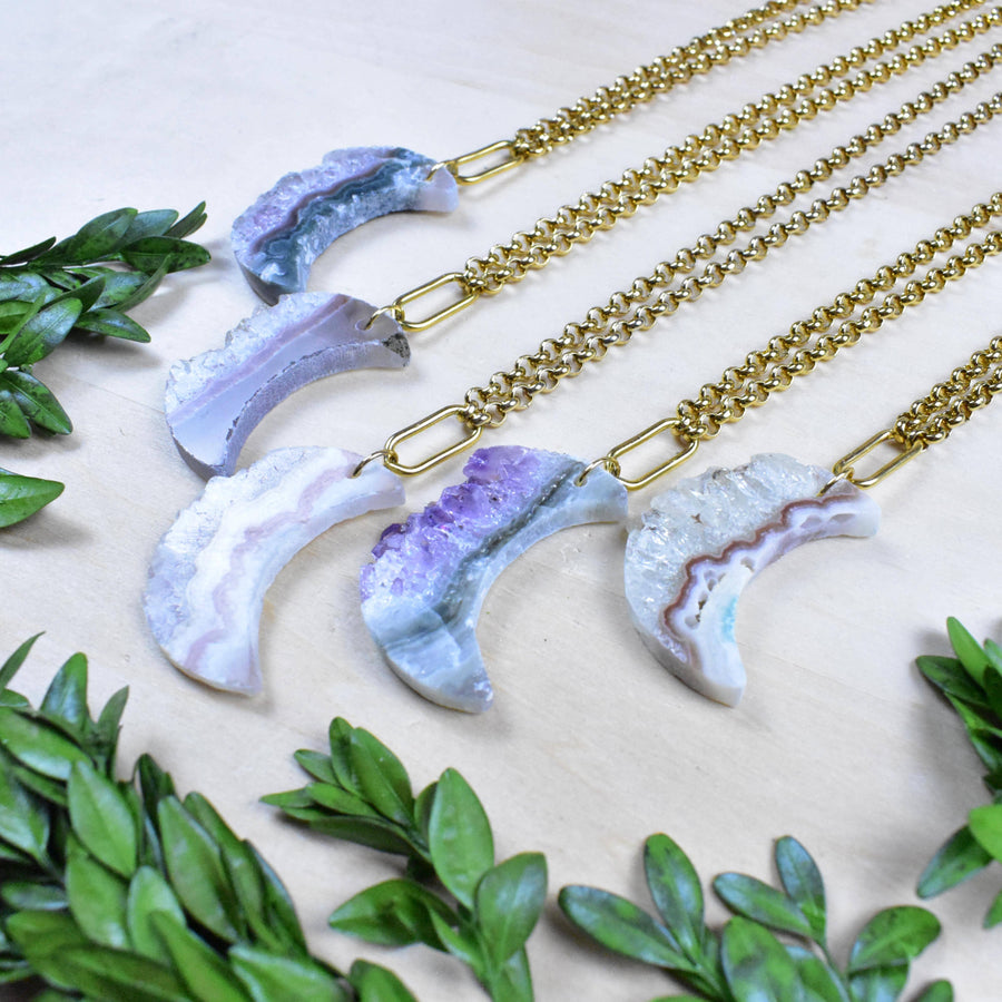 Five elegant lavender agate crescent moon pendants on 18’’ gold necklaces