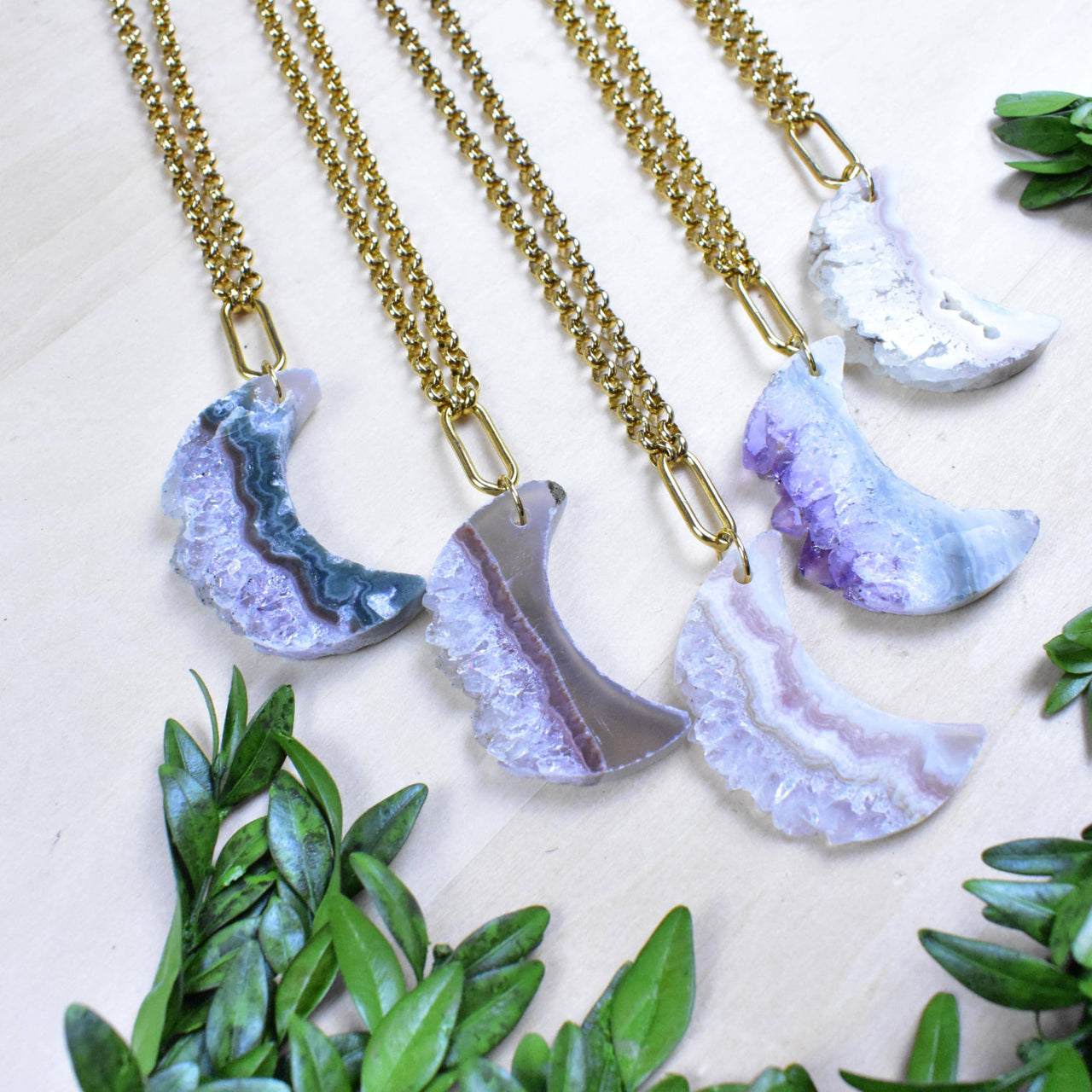 Elegant Amethyst Crescent Moon Druzy Slice Necklace with Gold Chain