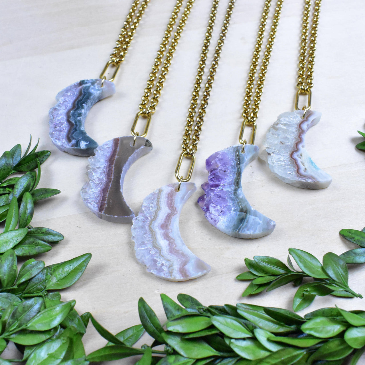 Elegant Amethyst Crescent Moon Druzy Necklace with Purple Bands