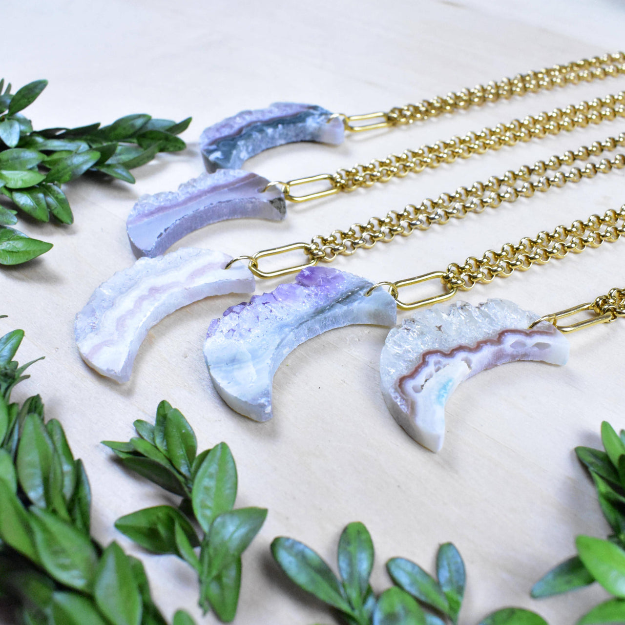 Elegant lavender amethyst crescent moon druzy necklace on gold chain