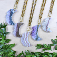 Amethyst crescent moon druzy slice pendant necklace with gold chain