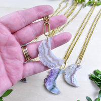 Amethyst Crescent Moon Druzy Slice Necklace in Gold Chain
