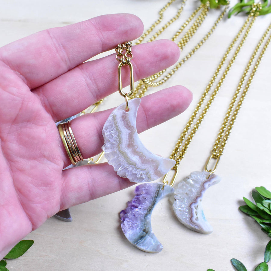 Amethyst Crescent Moon Druzy Slice Necklace in Gold Chain