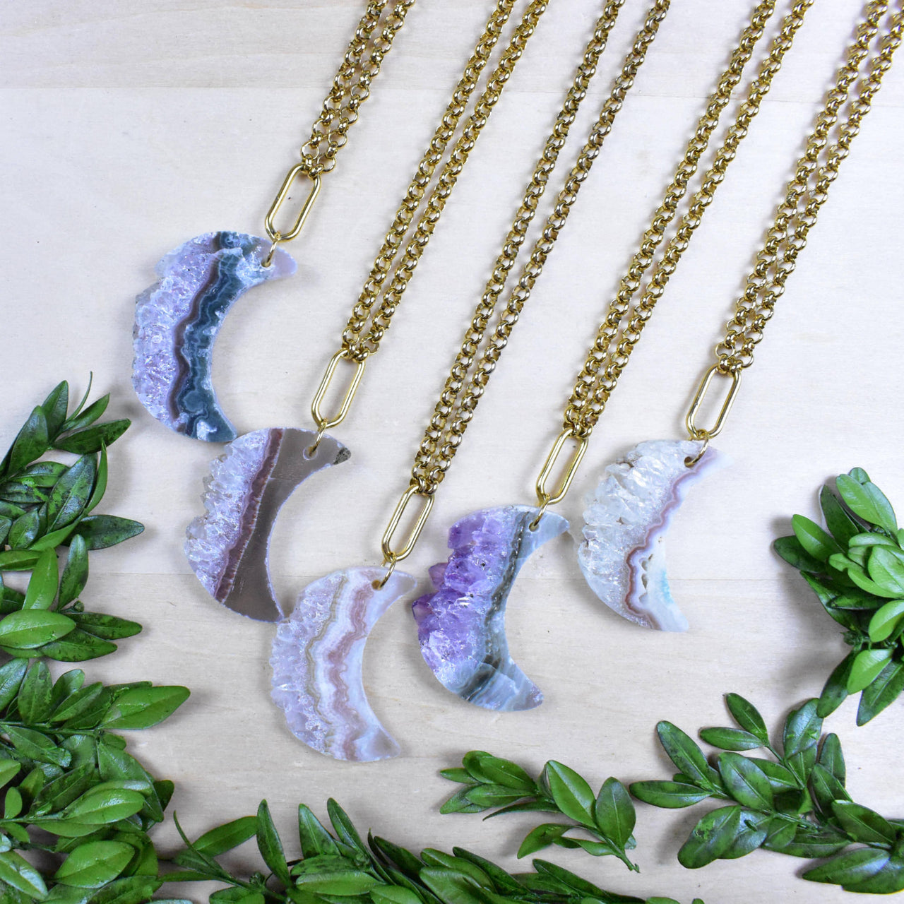 Elegant Amethyst Crescent Moon Druzy Necklace #LV9395