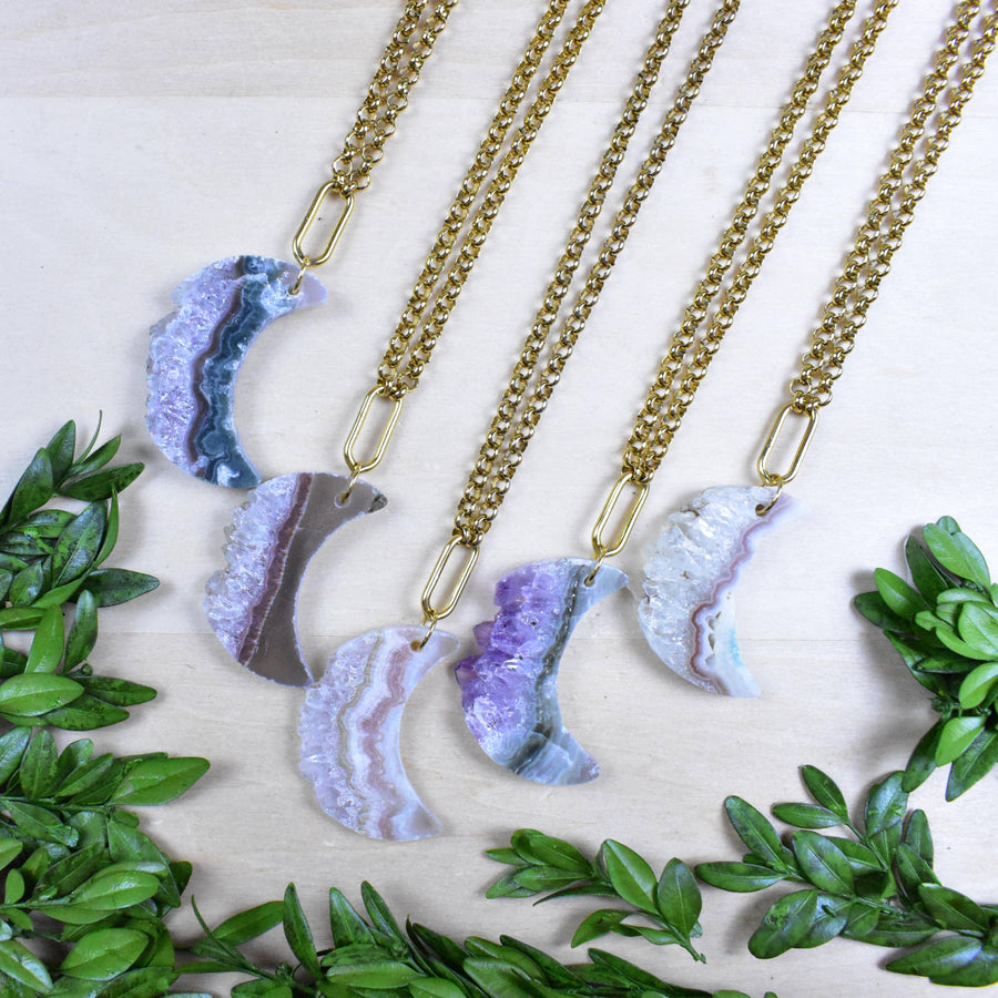 Elegant Amethyst Crescent Moon Druzy Necklace #LV9395