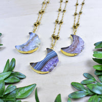 Three Amethyst Crescent Moon Slice Gold Necklaces #LV9392