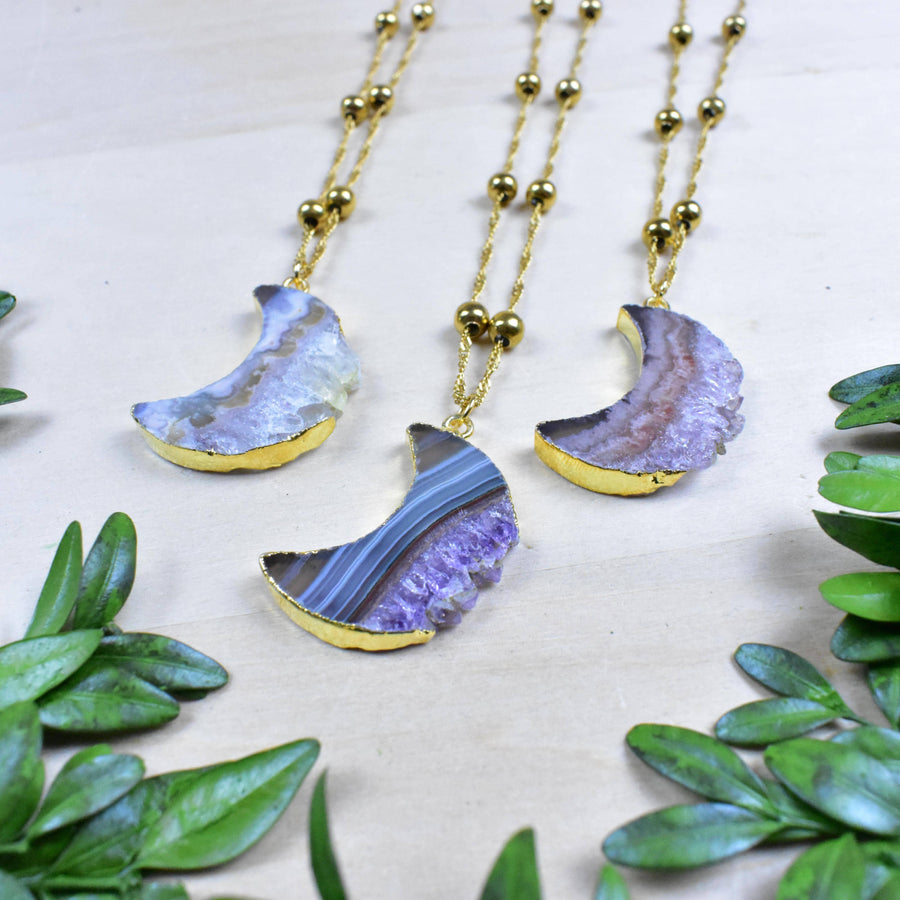 Three Amethyst Crescent Moon Slice Gold Necklaces #LV9392