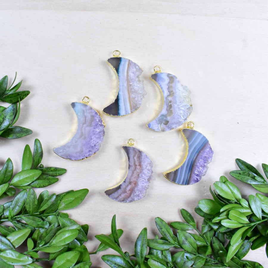 Purple blue agate crescent moon pendant necklace with gold edges LV9392