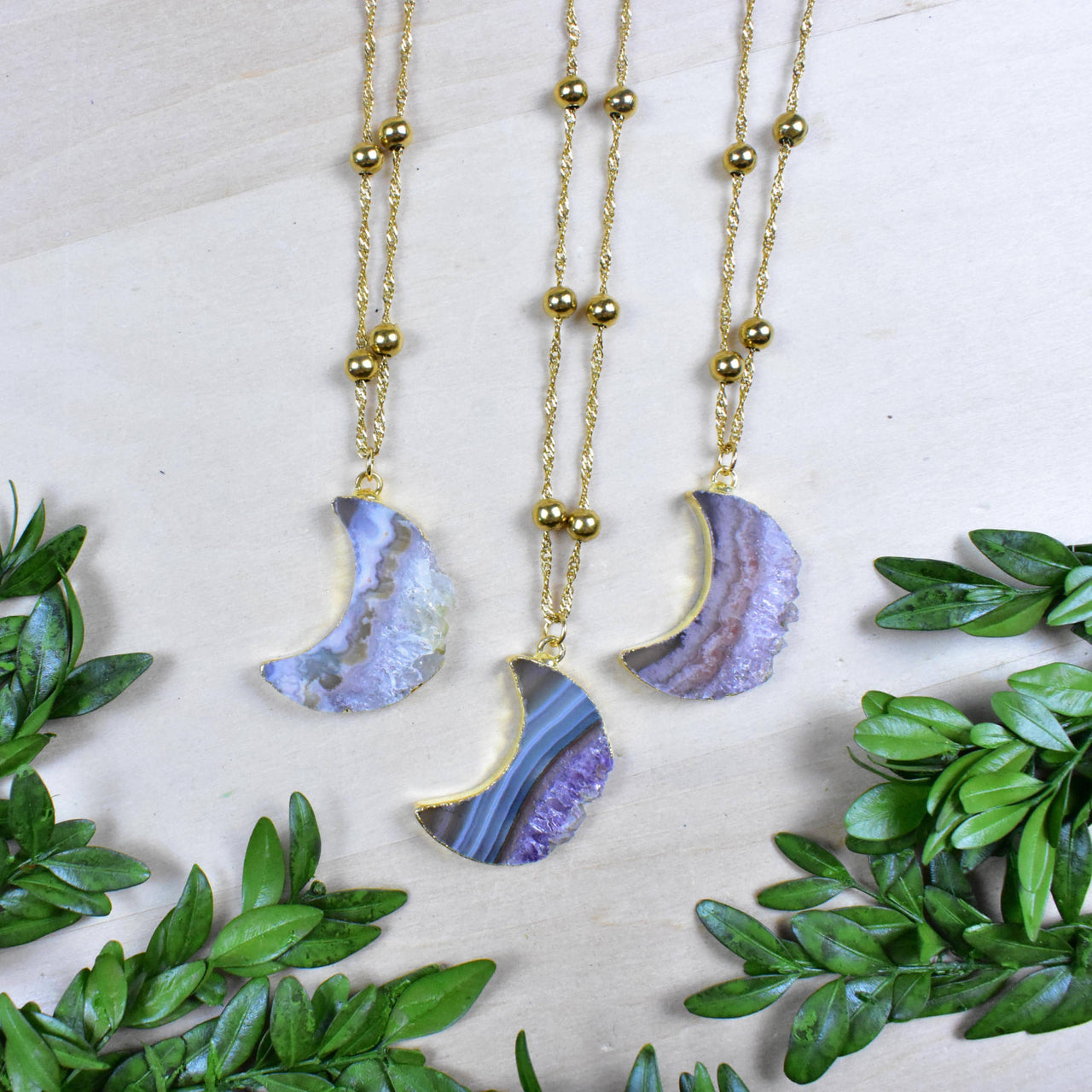 Three Amethyst Crescent Moon Slice Gold Necklaces #LV9392