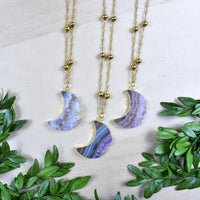 Three Amethyst Crescent Moon Slice Gold Necklaces #LV9392
