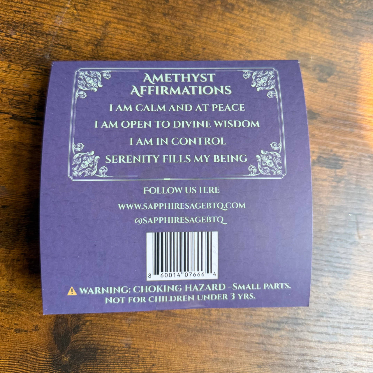 Amethyst Crystal Bookmark #LV9587 with purple box and affirmations