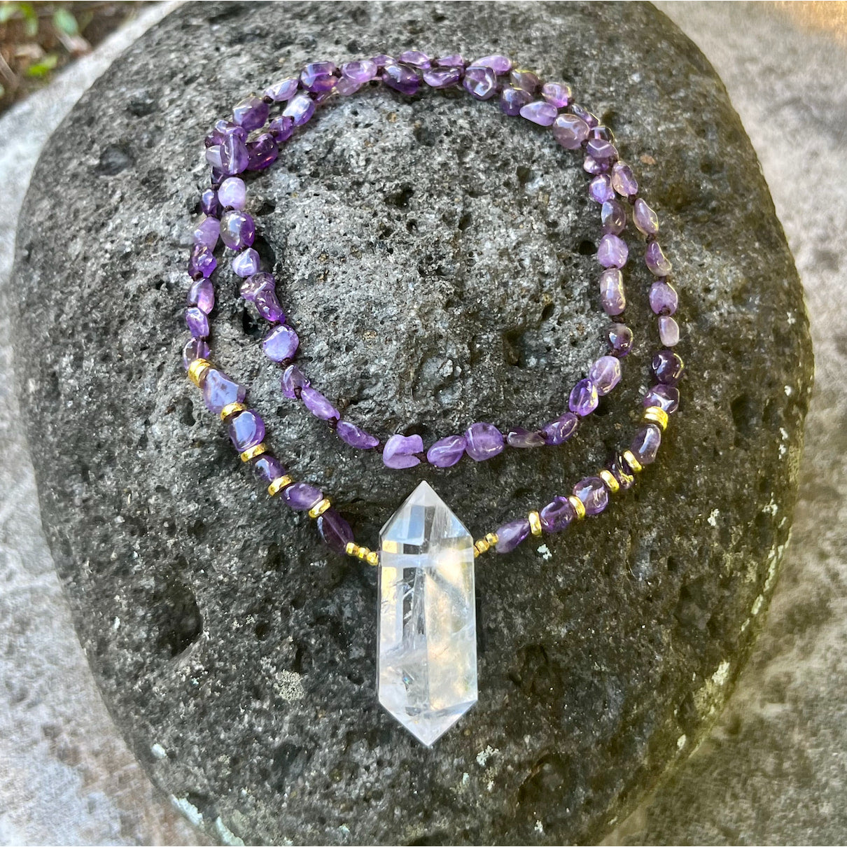 Purple beaded Amethyst Crystal Mala Bead Necklace with clear crystal quartz pendant