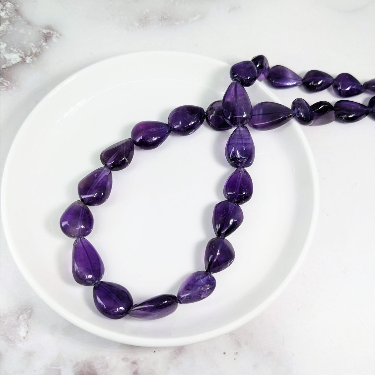 Amethyst Dark Bead Flat Organic Strand #LV3623 - purple necklace on white plate