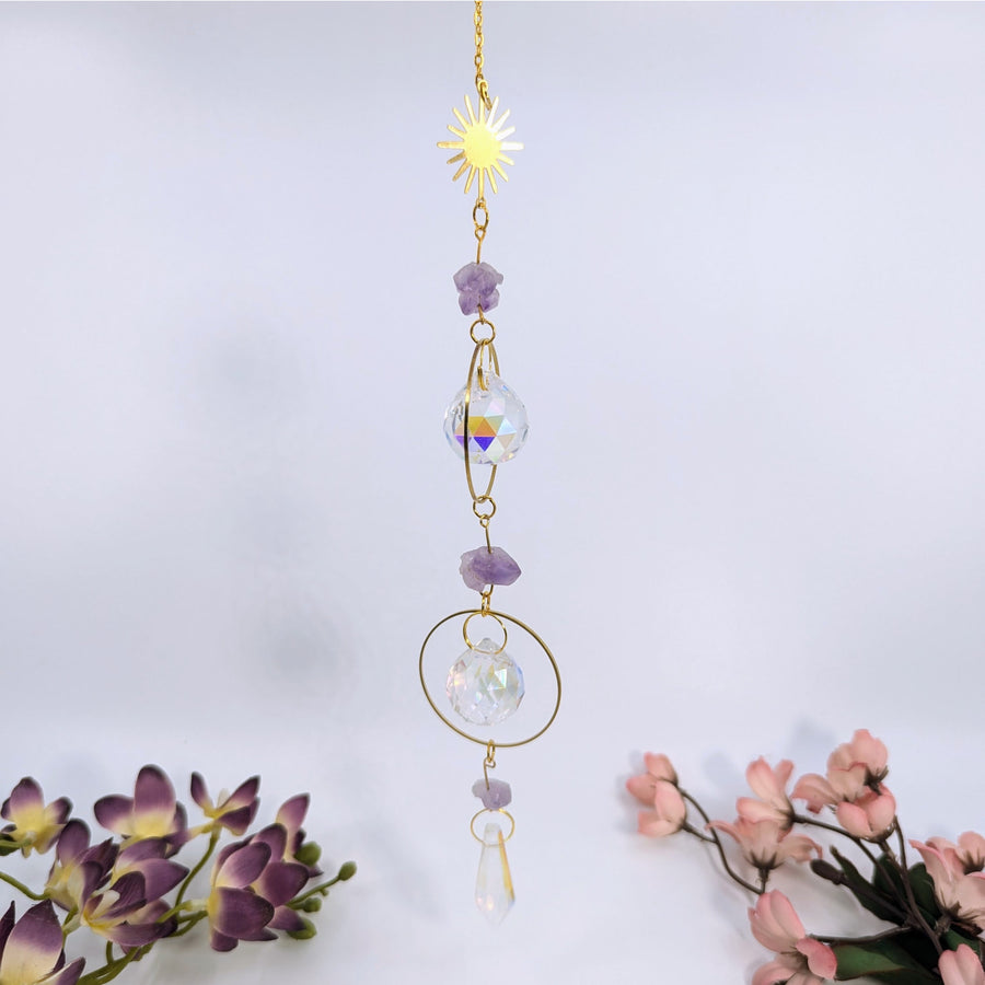 Hanging crystal suncatcher with amethyst accents for the Amethyst Double Ring 17 inch Mini Suncatcher