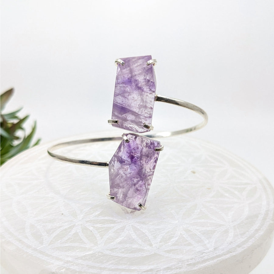 Silver bracelet with raw Amethyst Double Stone for protective light shield and bliss crystals