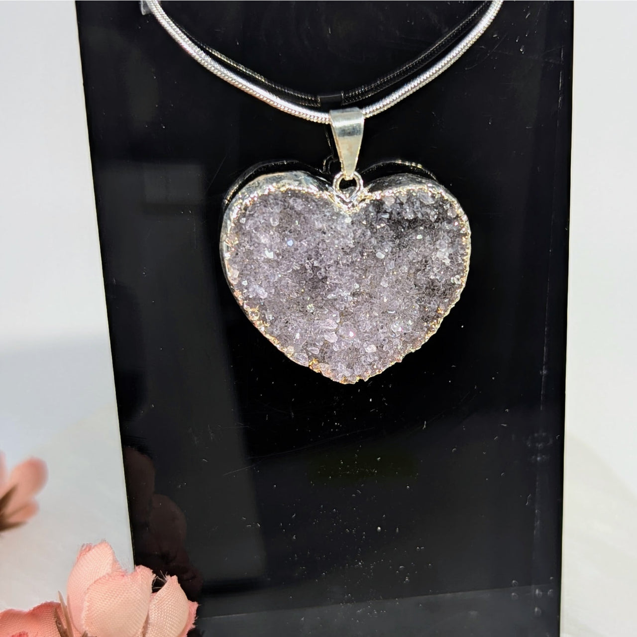 Amethyst Druzy 1.2’’ Heart Pendant with sparkling gray-purple crystals on silver chain