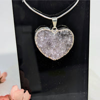 Amethyst Druzy 1.2’’ Heart Pendant with sparkling gray-purple crystals on silver chain