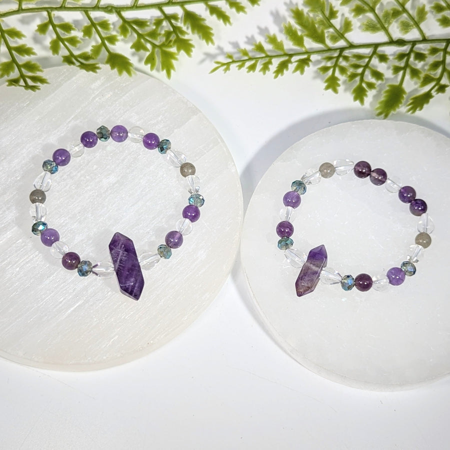 Two purple and clear crystal bead amethyst bracelets featuring faceted gemstones jewelry for elegant wear