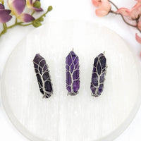 Three hand-wired amethyst tree-of-life pendants, #BC0682