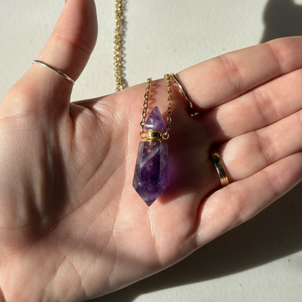 Elegant amethyst crystal perfume bottle necklace with gold chain #LV9583
