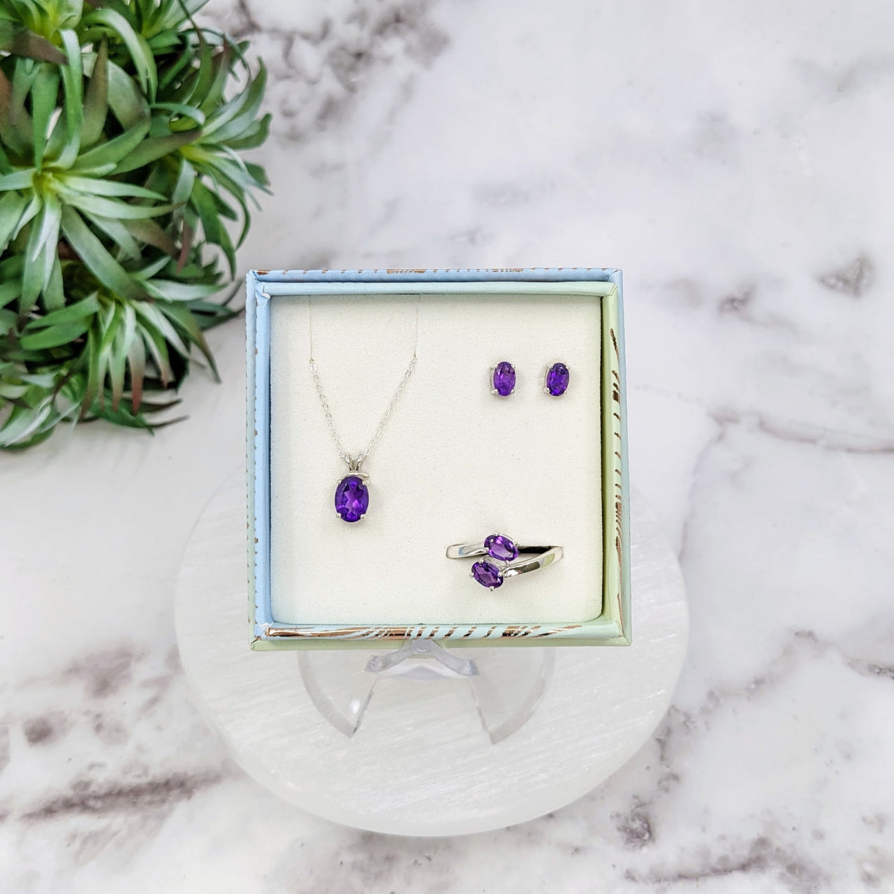 Amethyst Faceted Crystal Jewelry Set in Sterling Silver on Marble Table #LV3201