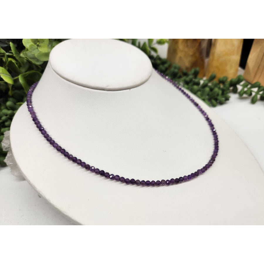 Purple beaded Amethyst necklace with silver findings and 3mm faceted beads