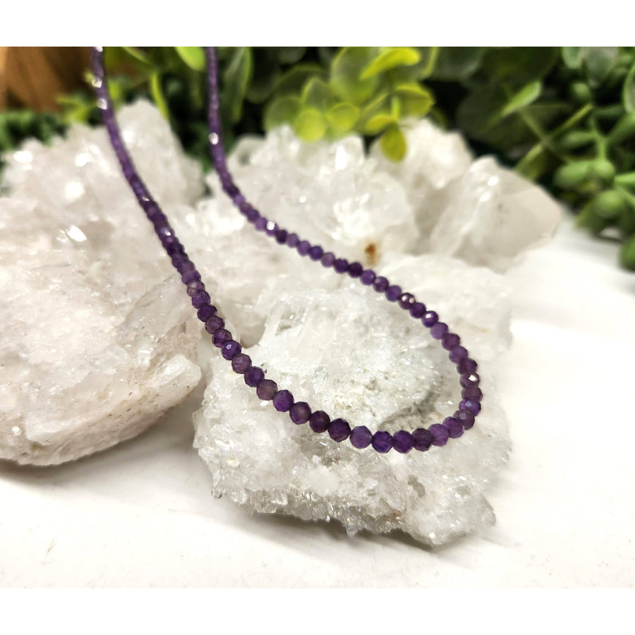 Amethyst beaded necklace with faceted 3mm beads and silver color findings