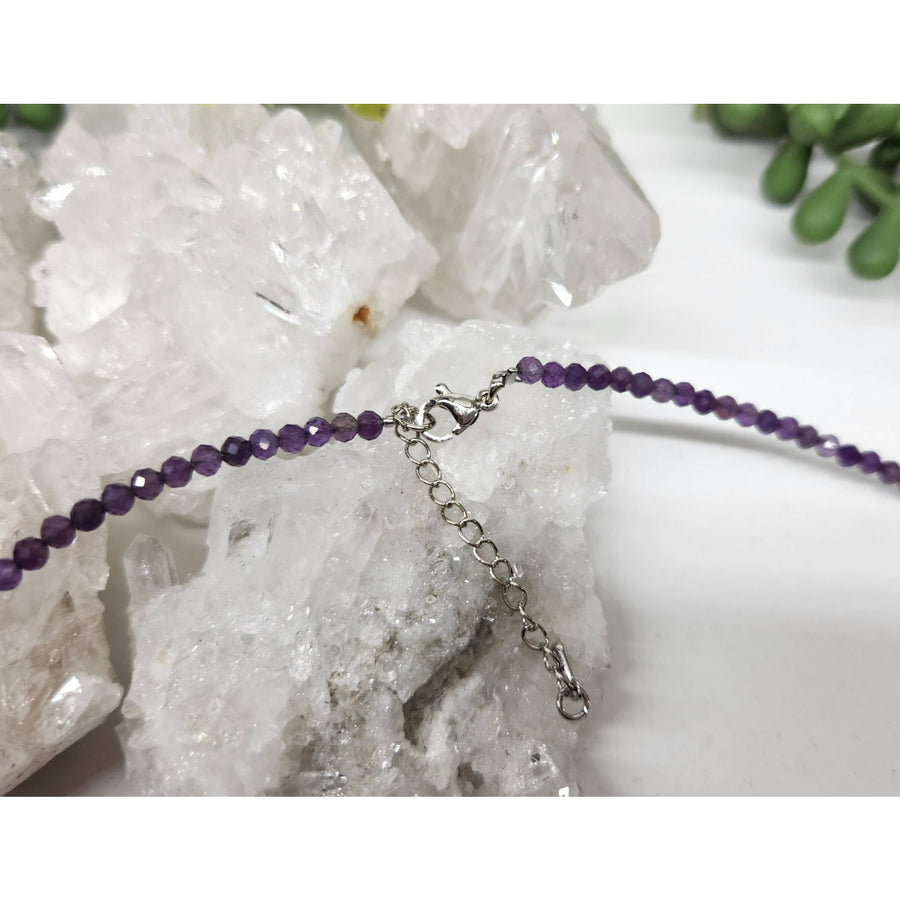 Amethyst faceted beaded necklace with silver clasp and silver findings