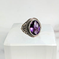 Thumbnail for Purple Amethyst Faceted S.S. Oval Ring Size 7 on White Box - Product LV1715