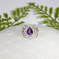 Amethyst faceted size 7 lotus silver ring BC1067 with teardrop purple stone