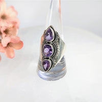 Amethyst Faceted Sz 9 Triple Stone Ring S.S. #LV9854 - $108