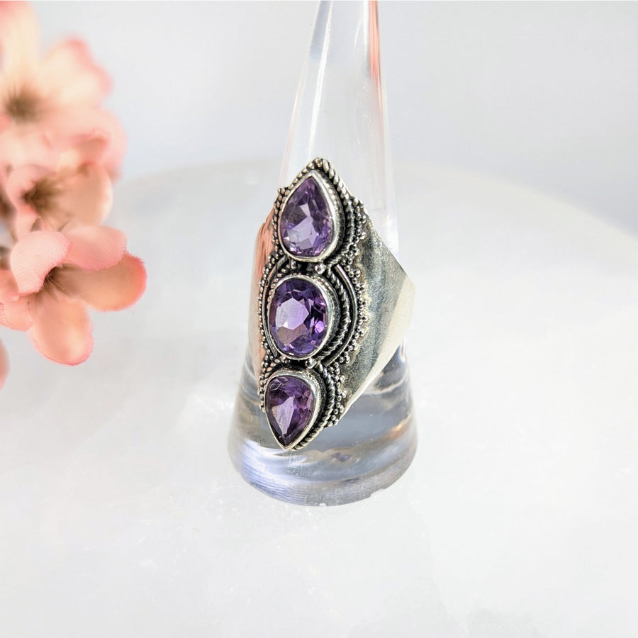 Amethyst Faceted Sz 9 Triple Stone Ring S.S. #LV9854 - $108