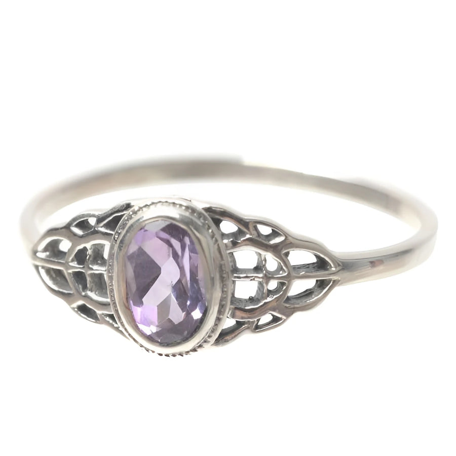 Delicate oval-cut amethyst sterling silver filigree ring #BC0448