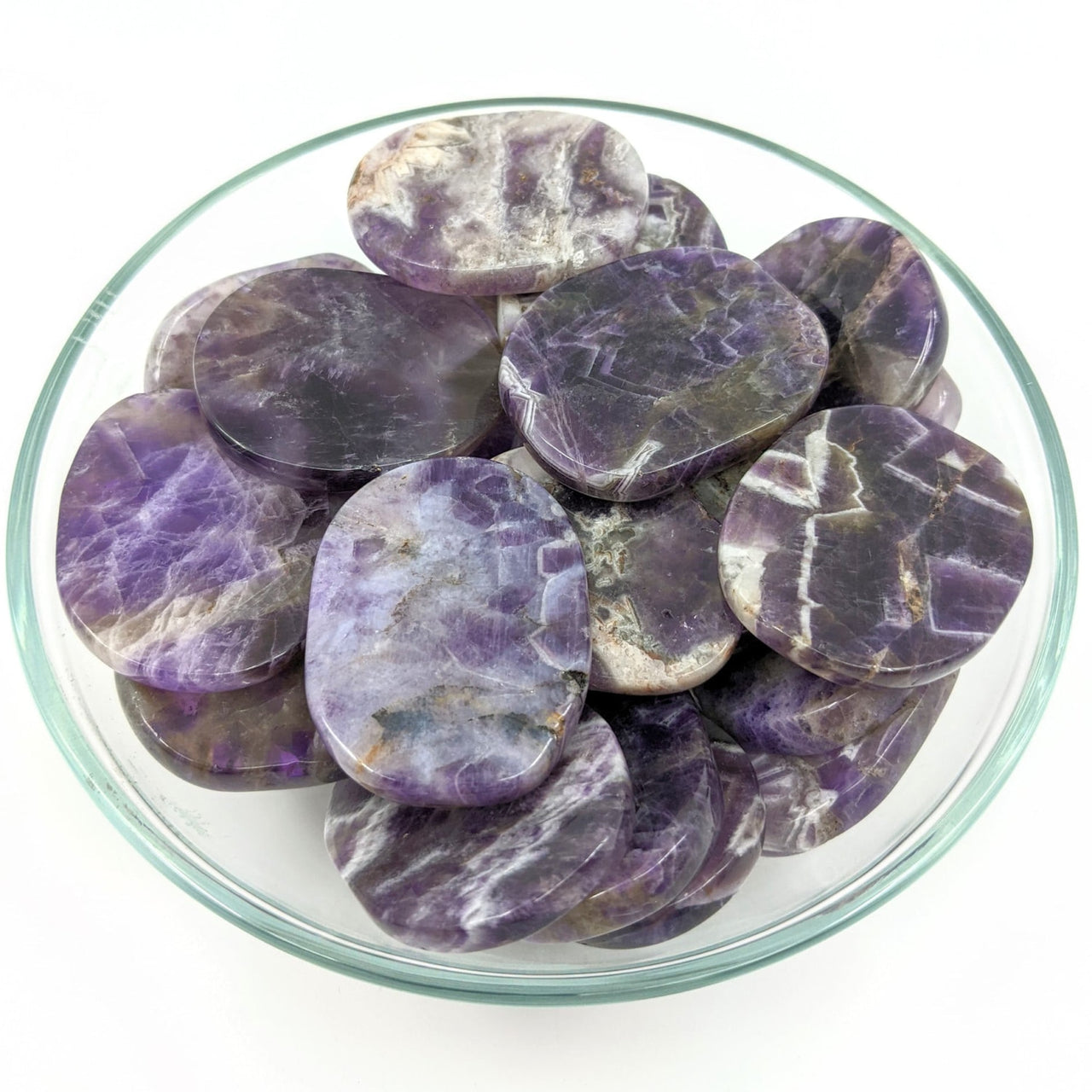 Bowl of purple and white marble chips for Amethyst Flat Palm Stone (30g) #SK8962